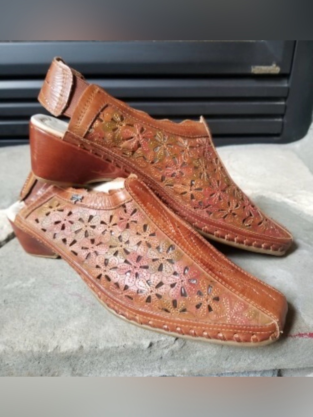 Pikolinos Romana Laser‑Cut Leather Slingback Wedges | Cognac | EU 38